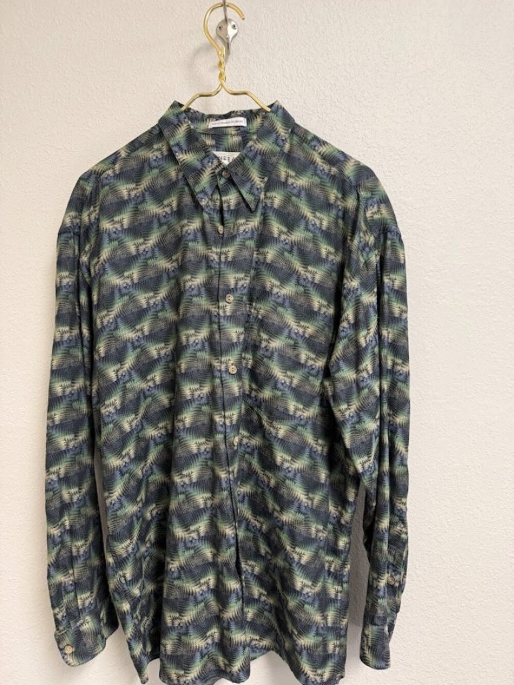 Vintage Jhane Barnes Blue, Green, and Black Patterned Dress Shirt
